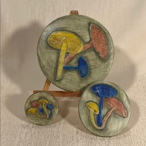 3 Hand Crafted Mushroom Plaques Decorations 1971